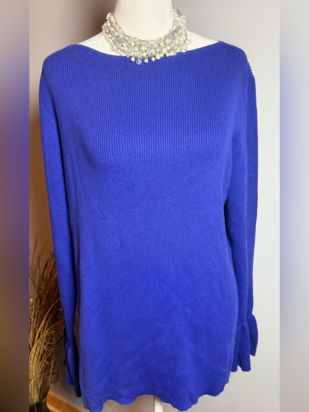 NWT Lauren Ralph Lauren Blue/Purple  Rib Knit Bell Sleeve Sweater Large